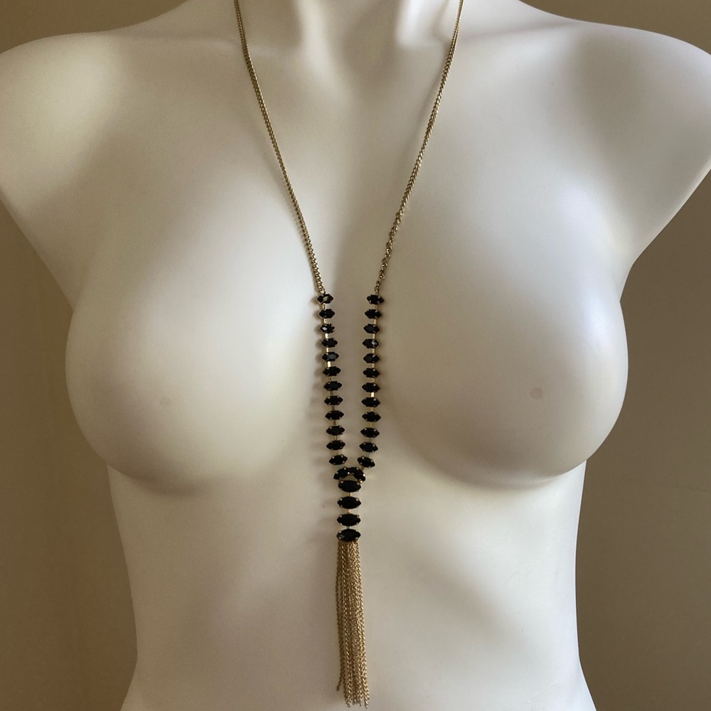 BANANA REPUBLIC Black Faceted Crystal & Gold Tone Tassel Necklace